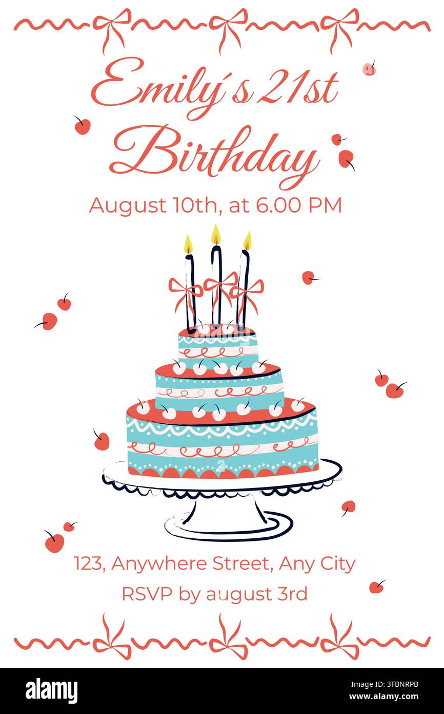 Invitation d'anniversaire dessinée à la main avec un gâteau coloré à trois étages, des bougies, des cerises et des nœuds. Illustration mignonne de boulangerie et de dessert pour les célébrations, sal Illustration de Vecteur