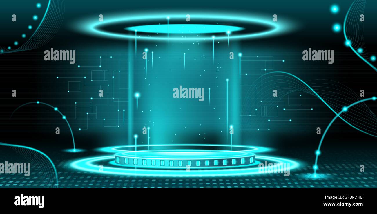 Podium numérique futuriste avec plateforme néon lumineuse et effets de circuit lumineux holographiques. Illustration vectorielle abstraite d'un fond technologique moderne, affichage de produit de style cyberpunk, portail de jeu bleu Illustration de Vecteur