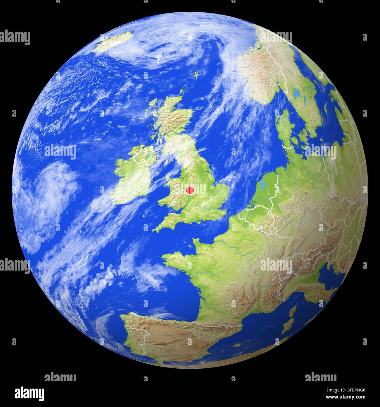 Carte du globe terrestre montrant l'emplacement de la ville de Wolverhampton au Royaume-Uni. La ville au centre de la carte est marquée d'un point rouge et la c Banque D'Images