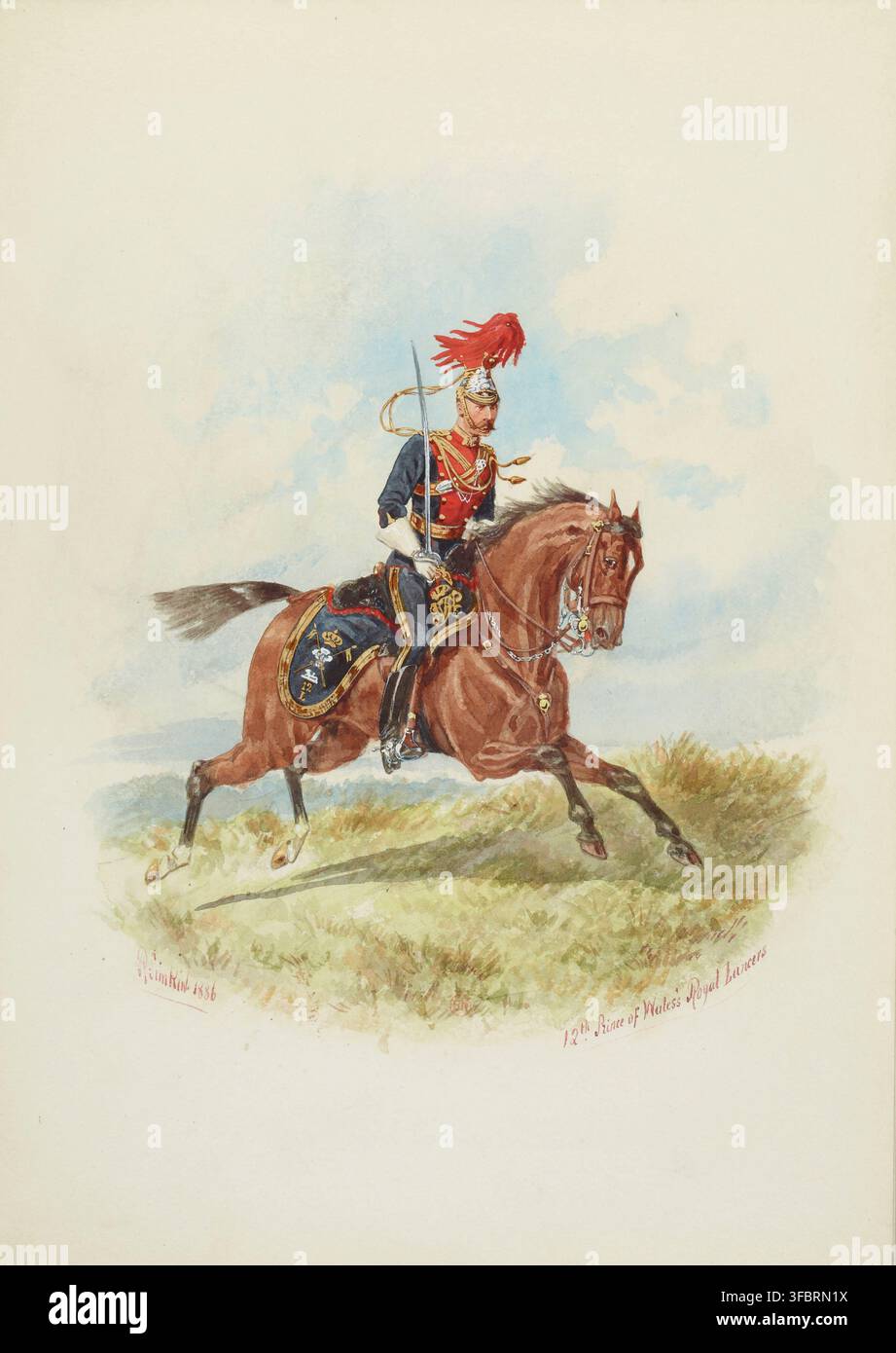 Un soldat des 12e Prince of Wales' Royal Lancers à cheval, dans un costume militaire de la fin du XIXe siècle, peint par Heimken en 1886, présentant l'uniforme de l'armée britannique durant l'ère victorienne tardive. Banque D'Images
