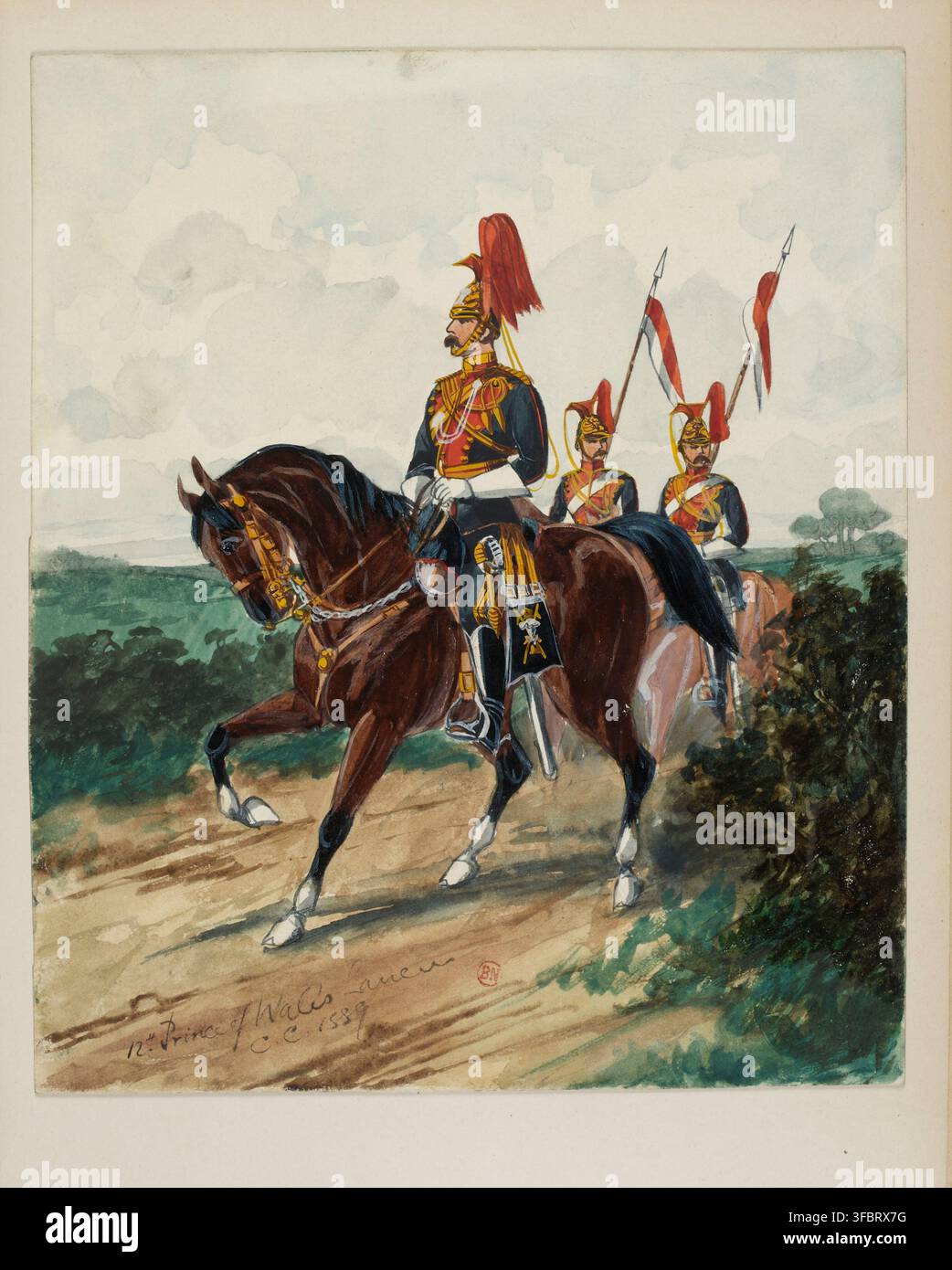 Les 12e Prince of Wales Lancers, un régiment de l'armée britannique, dans une peinture datant d'environ 1839, montrant des soldats à cheval, avec le nom de l'unité et la date visibles dans la scène. Banque D'Images