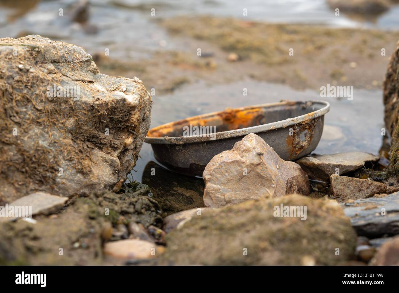 Conteneur en métal rouillé exposé parmi des rochers sur le lit du Rhin lors d'un niveau d'eau extrêmement bas à Niederheimbach, Rhénanie-Palatinat, Allemagne. Banque D'Images