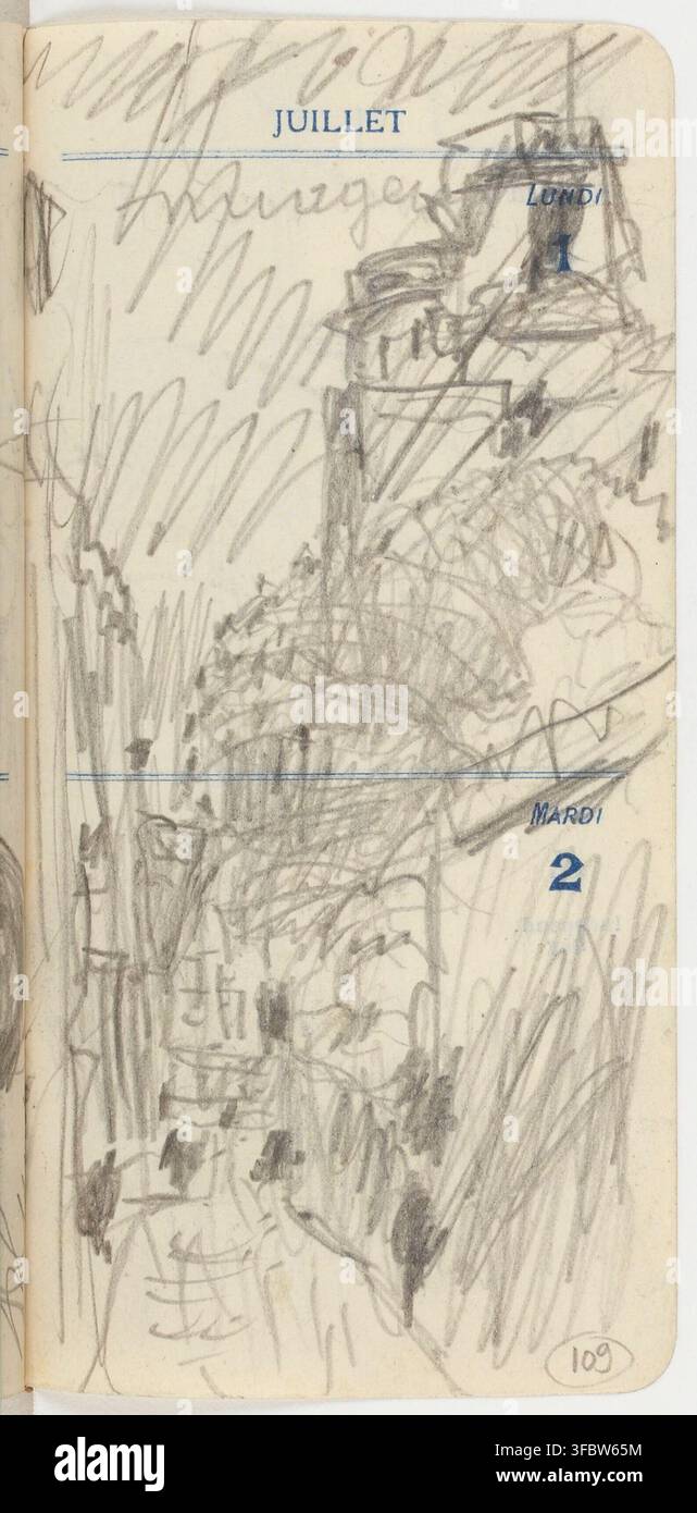 Un dessin de 1929 d’un jardin ou d’un parc avec des arbres et de l’herbe, comportant un calendrier avec les jours Lundi et Mardi en juillet. Banque D'Images