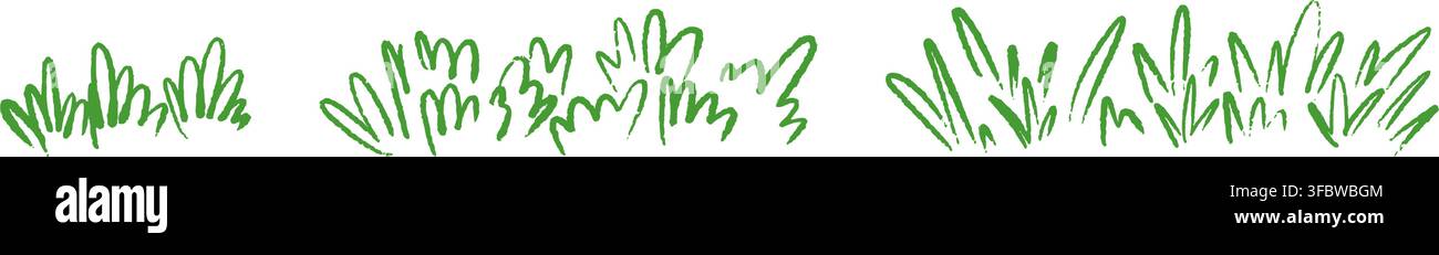 Ensemble de bordure d'herbe verte crayon. Cadre de champ dessiné à la main. Dessin de croquis pour enfants. Illustration vectorielle de jardin griffonnage à la craie. Planche à gazon à main levée. Illustration de Vecteur