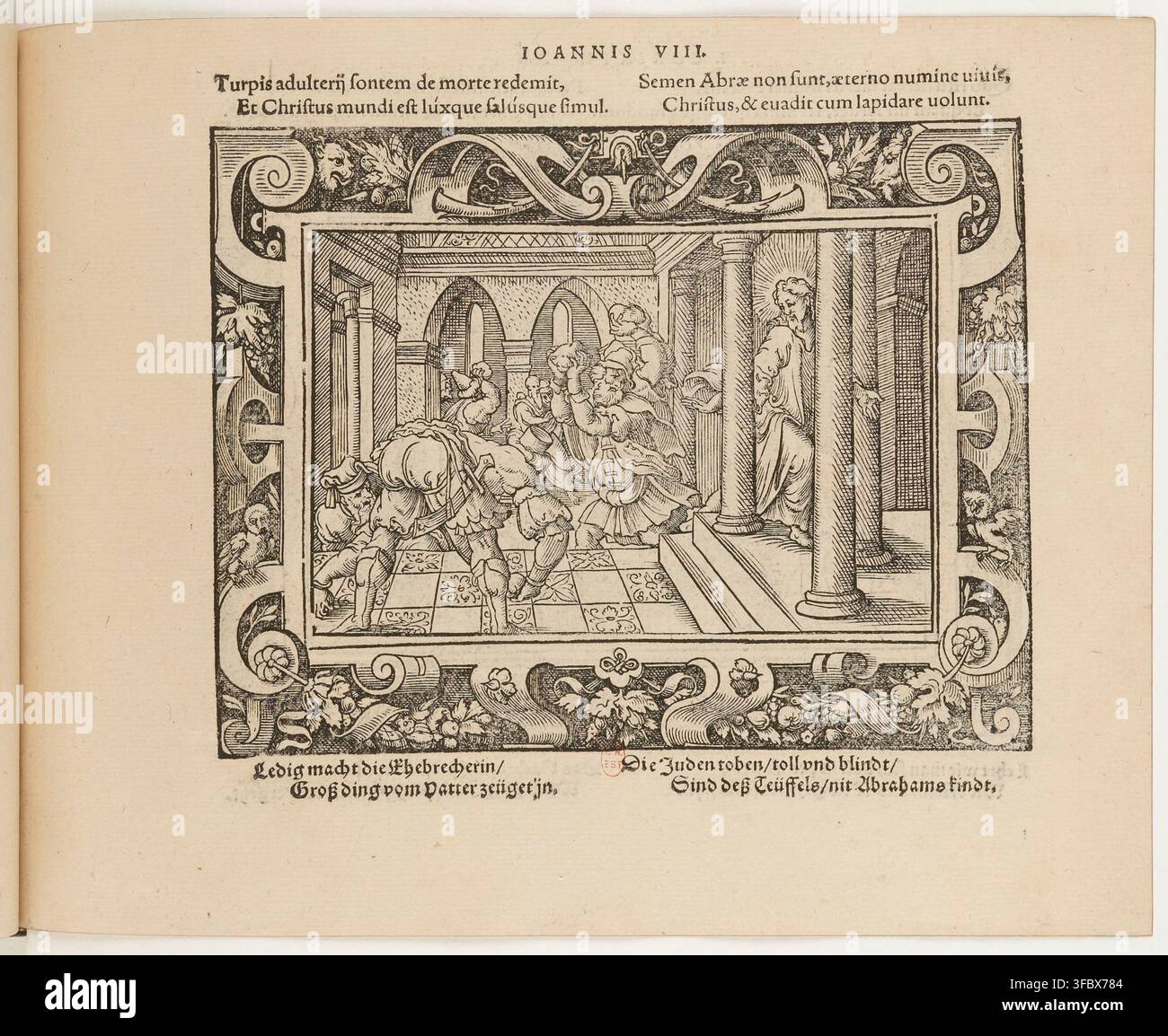 Une illustration gravée sur bois de 1565 présentant une scène biblique, avec la légende « IOANNIS VIII » et une inscription latine, ainsi qu'une traduction allemande, faisant référence à l'histoire du Christ et de la femme adultère. Banque D'Images