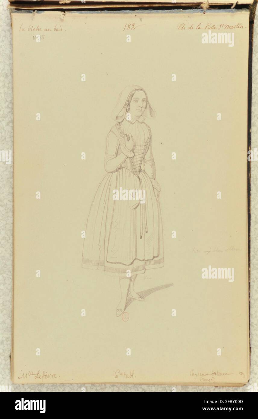 Un dessin français du XIXe siècle d'une femme en tenue paysanne traditionnelle, intitulé "La Biche au Bois", par Mlle Lefèvre, daté de 1835, présentant une Paysanne Hélène. Banque D'Images