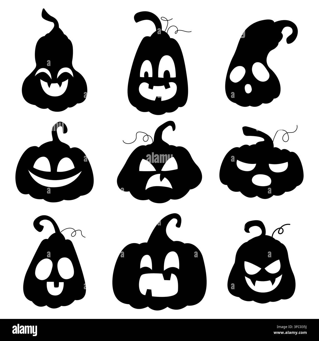 Silhouettes de citrouilles d'Halloween noires avec des visages effrayants isolés sur fond blanc. Formes de visage sculptées de Jack-o'-Lantern vectorielles pour un design effrayant d'Halloween Illustration de Vecteur