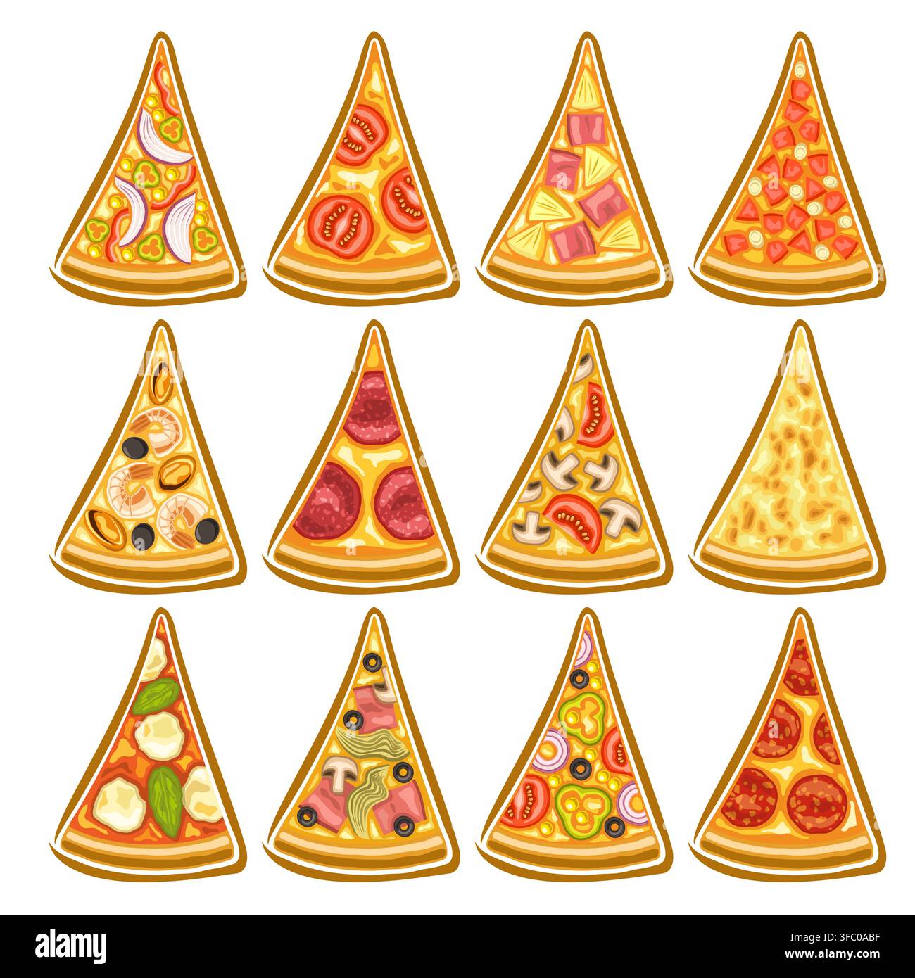 Ensemble de morceaux de pizza vectoriels, 12 étiquettes variées découpées pour pizzeria sur fond blanc, vue de dessus pièces triangulaires de différentes sortes de pizza, dessin animé Desi Illustration de Vecteur