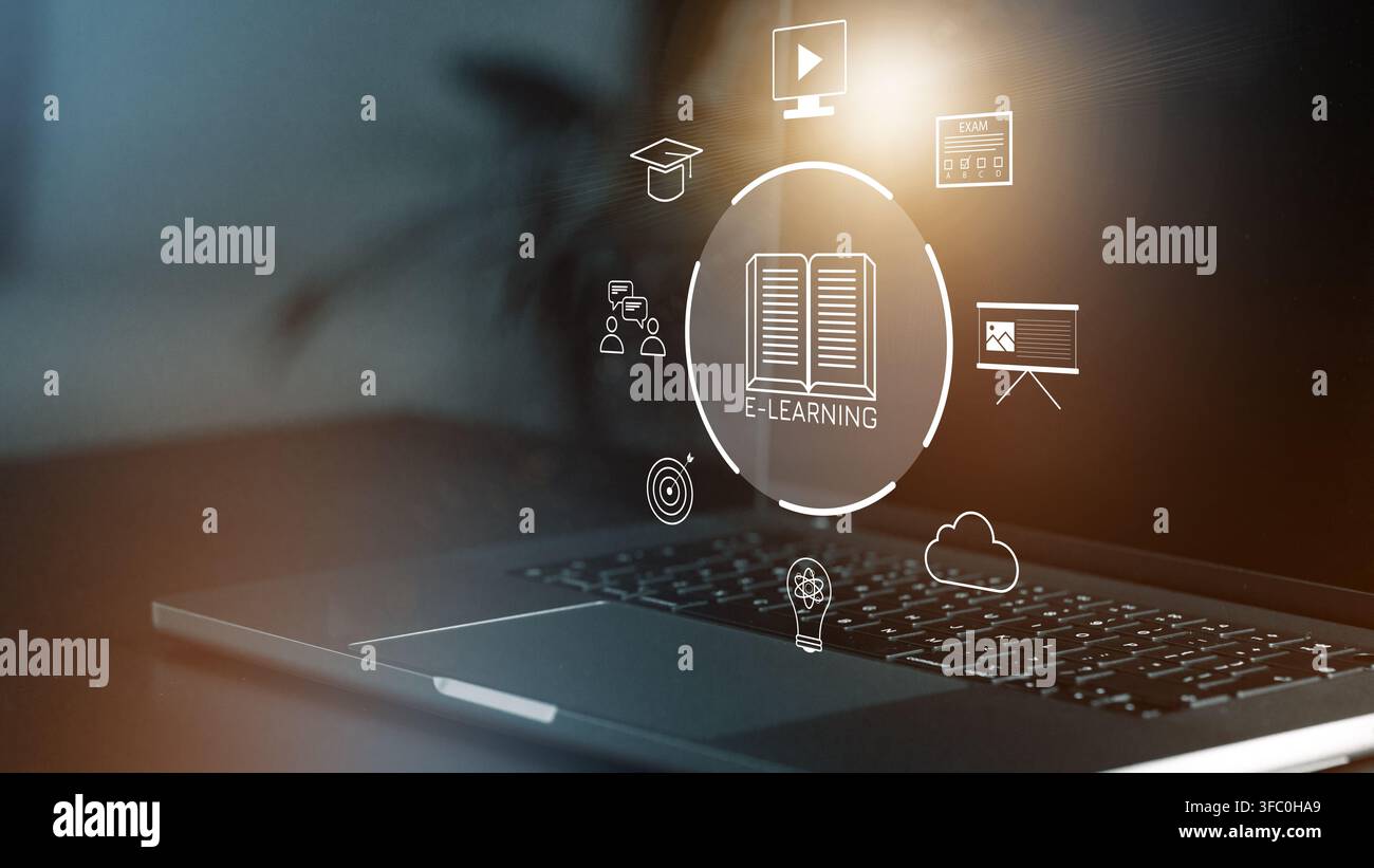Outils et ressources d'apprentissage en ligne sur un écran d'ordinateur portable affichant divers icônes dans un espace de travail moderne Banque D'Images