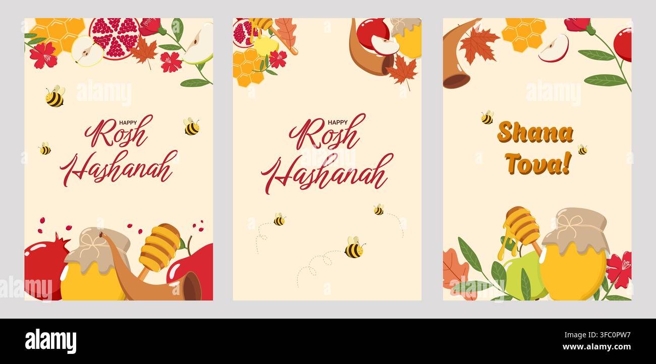 Ensemble de trois cartes de vœux festives pour Rosh Hashanah avec du miel, des pommes, des grenades, des abeilles, des fleurs et un shofar. Design parfait pour les fêtes Illustration de Vecteur