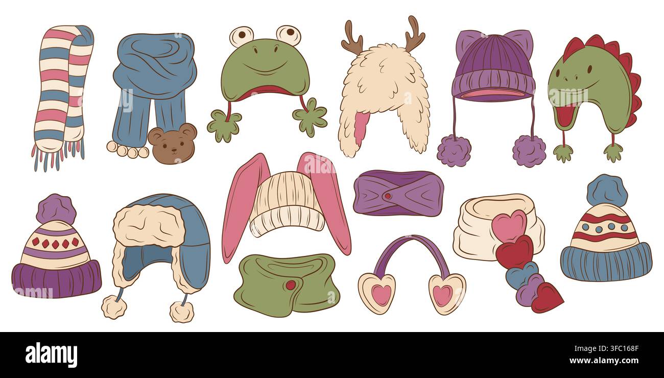 Ensemble vectoriel de chapeaux d'hiver et d'accessoires chauds Illustration de Vecteur