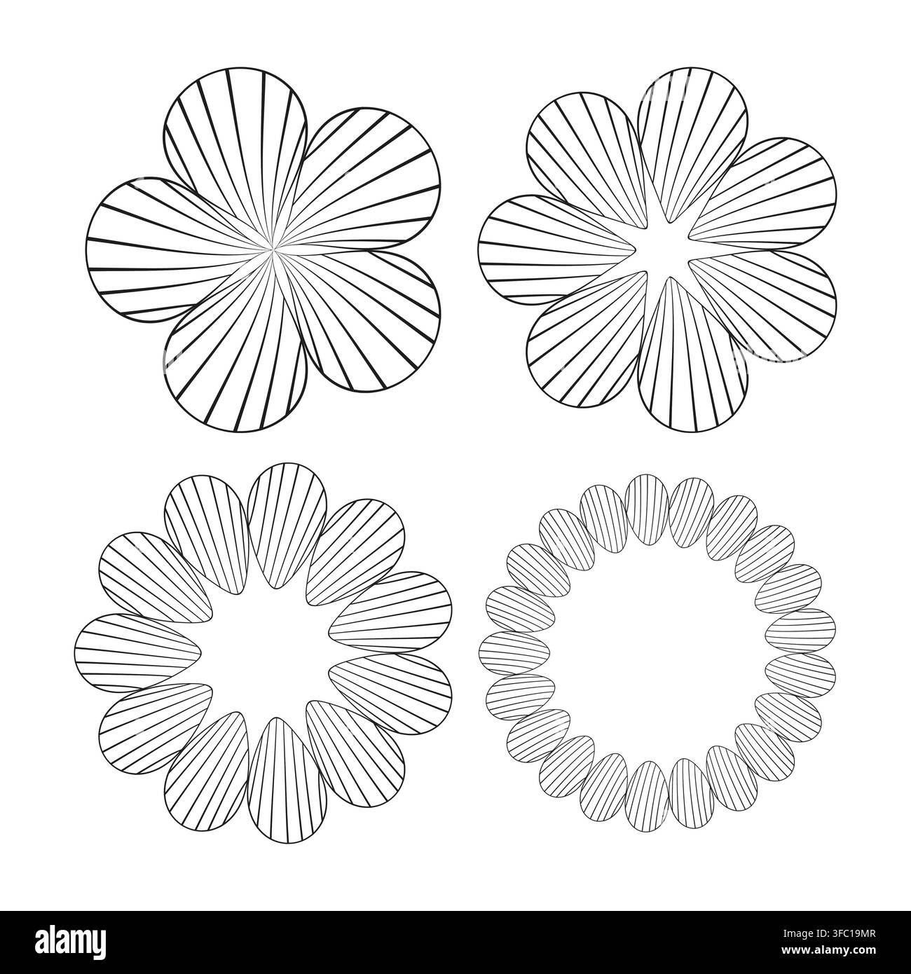 L'ensemble de vecteurs de feuilles de pétale de fleur présente une géométrie linéaire simple. Il visualise une fleur abstraite créative. Illustration de Vecteur