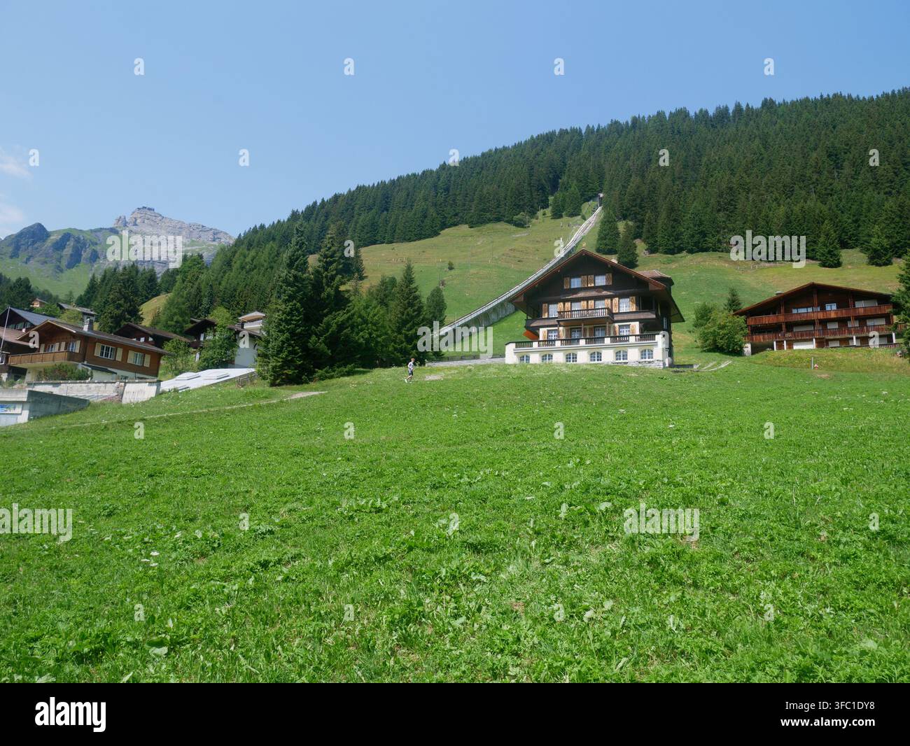 Chalets en bois alpins herbe verte à Lauterbrunnen, Suisse, montagne Banque D'Images