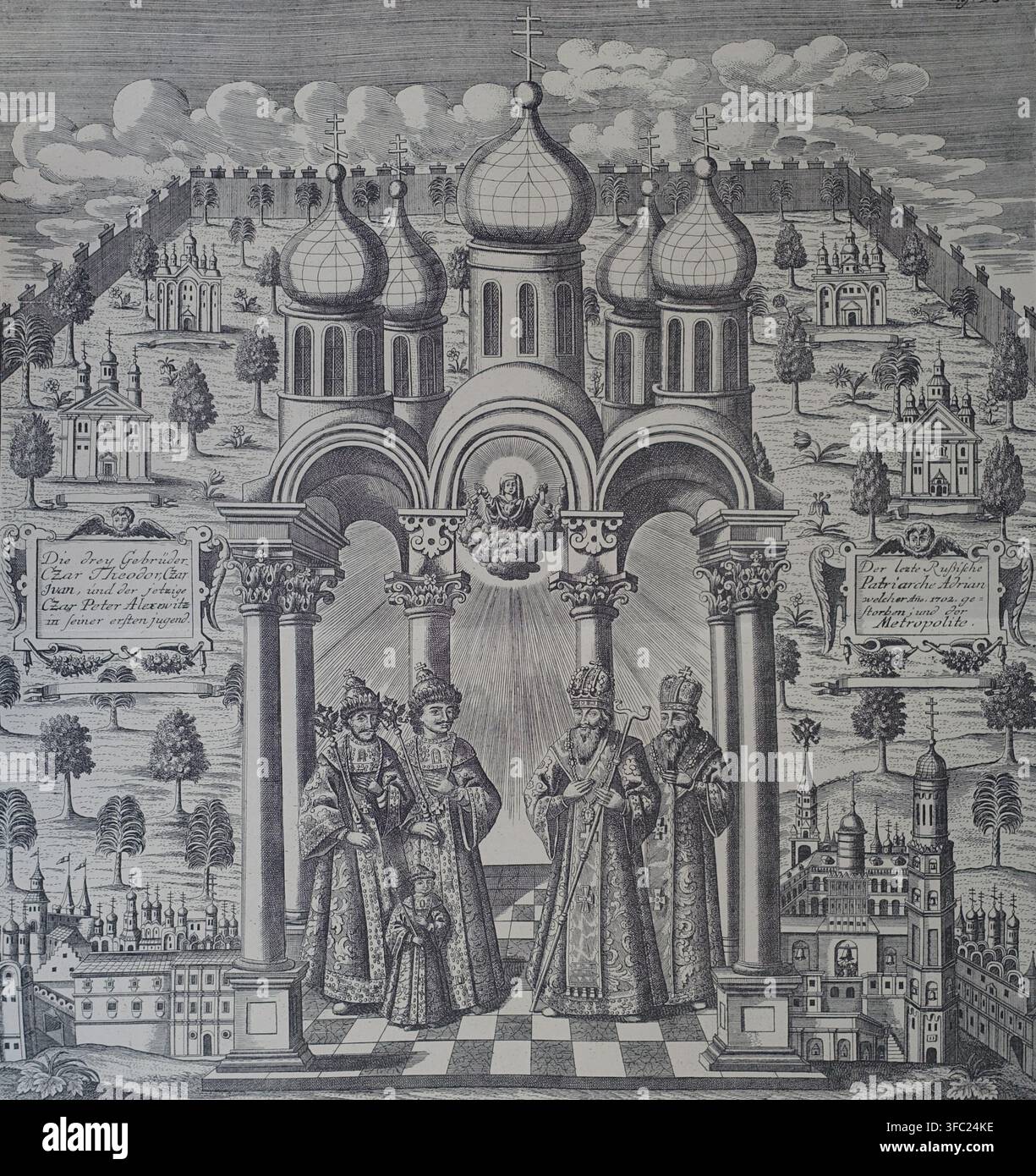 Tsars de la dynastie Romanov : Fedor III Alekseevich, Pyotr Alekseevich, Ivan Alekseevich, Patriarche Adrian, Métropolite, devant le jeune Alexey Petrovich. Années 1720. Illustration tirée de Matériaux pour l'iconographie russe. Dmitry Rovinsky. 1894. Banque D'Images