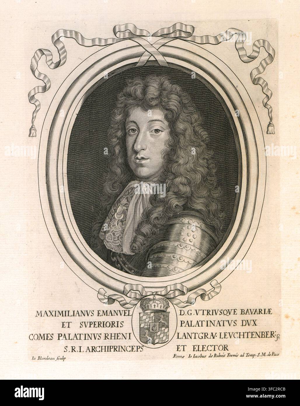 Portrait gravé de Maximilianus Emanuel, Comes Palatinus Rheni et Électeur de Bavière, publié vers 1688 par Giovanni Giacomo de Rossi à Rome. Cette planche appartient à une série de soixante-quatorze gravures plus tard possédées par le roi George III. Banque D'Images