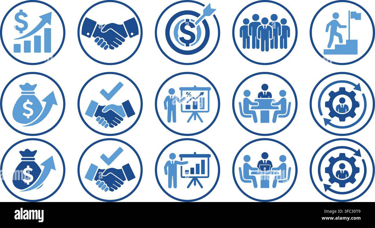 Ensemble d'icônes de collaboration commerciale d'entreprise avec des boutons circulaires bleus représentant le travail d'équipe, les partenariats et les graphiques stratégiques. Illustration de Vecteur