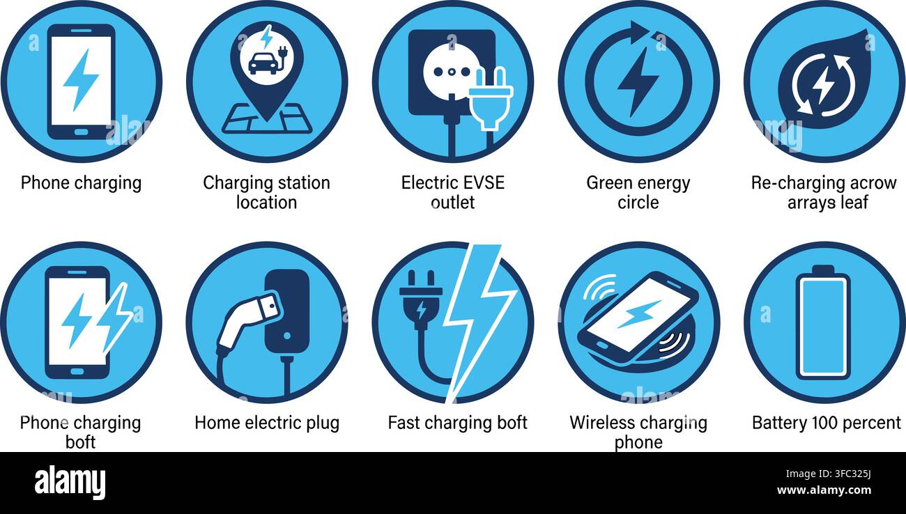 Icônes de recharge de voiture électrique avec symboles de téléphone et de batterie pour la technologie VE. Illustration de Vecteur