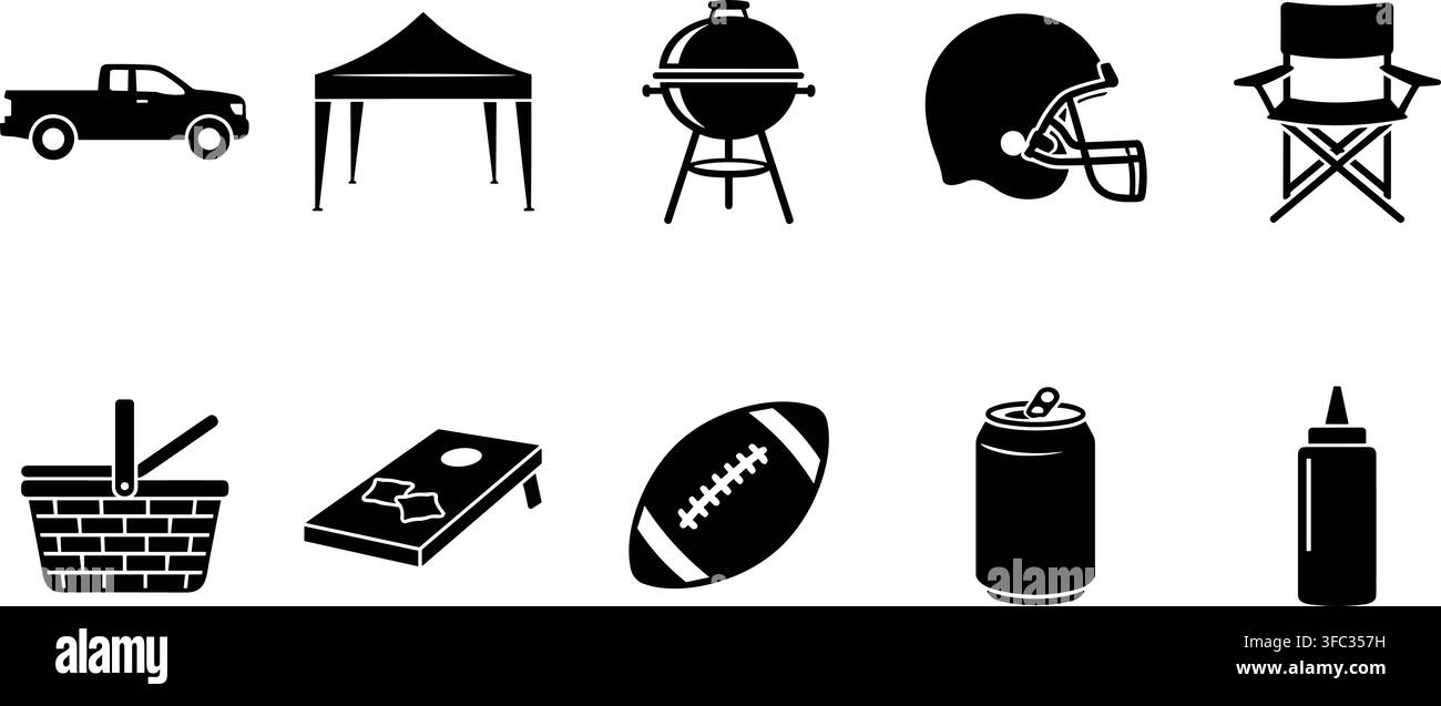 Ensemble d'équipement de camping en plein air silhouette noire comprend un barbecue de camion, un casque, des chaises, un panier de pique-nique, des jeux et des boissons. Illustration de Vecteur
