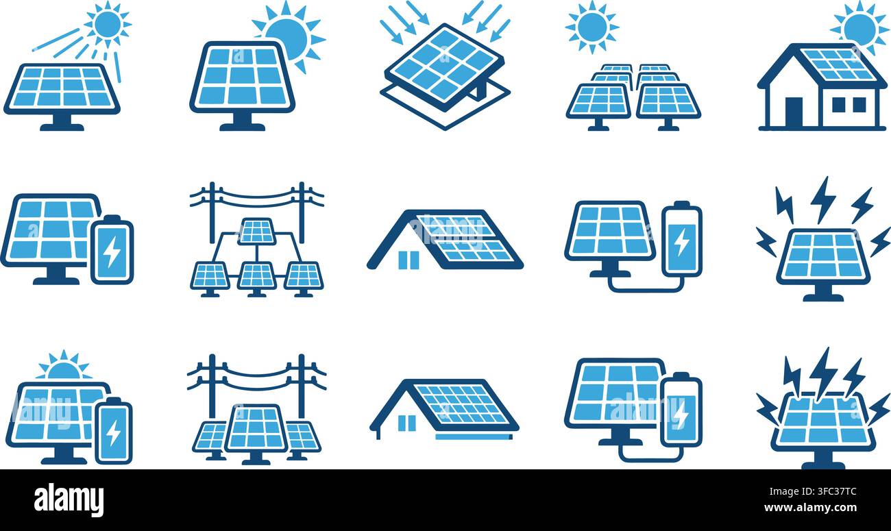 Ensemble d'icônes de panneaux solaires avec systèmes d'énergie renouvelable bleus, stockage d'énergie domestique, cellules de technologie de réseau électrique. Illustration de Vecteur