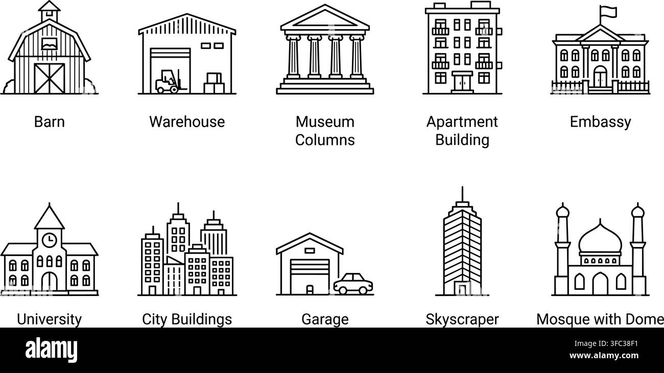 Diverses icônes de bâtiments tels que grange, entrepôt, musée, appartement et ambassade pour la conception architecturale. Illustration de Vecteur