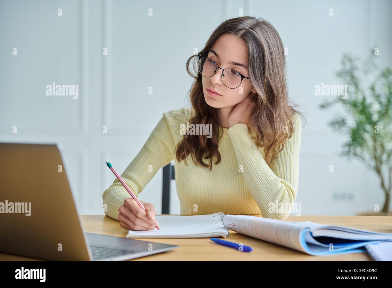 Étudiante concentrée prenant des notes au bureau avec vue avant sur ordinateur portable Banque D'Images