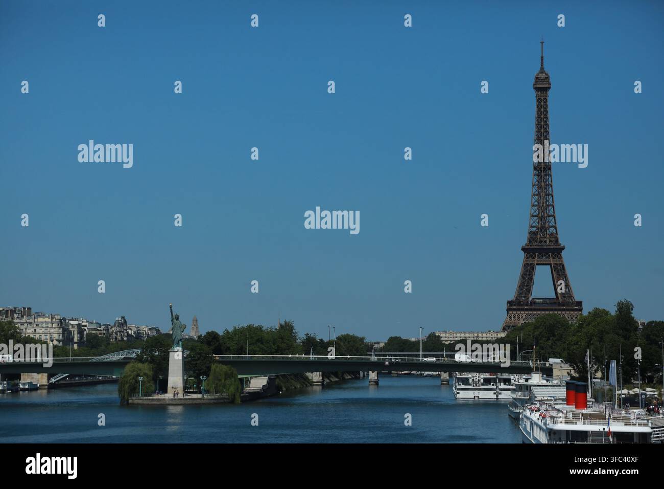 Statue de la Liberté et tour Eiffel à Paris, France, vue paysage large Banque D'Images