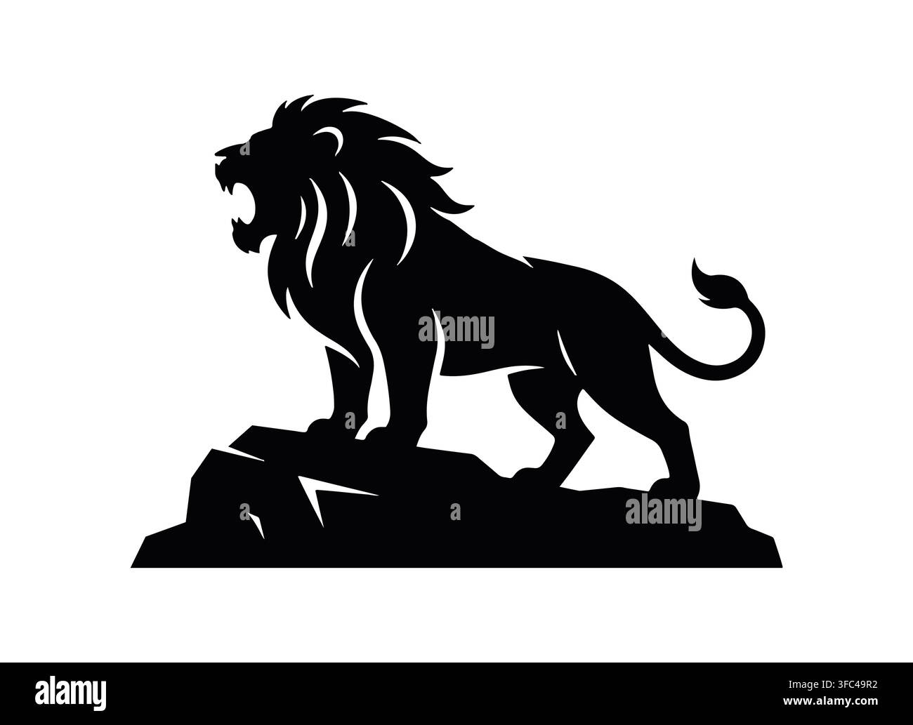 Silhouette solide d'un lion rugissant sur rocher avec silhouette de prédateur sauvage Illustration de Vecteur