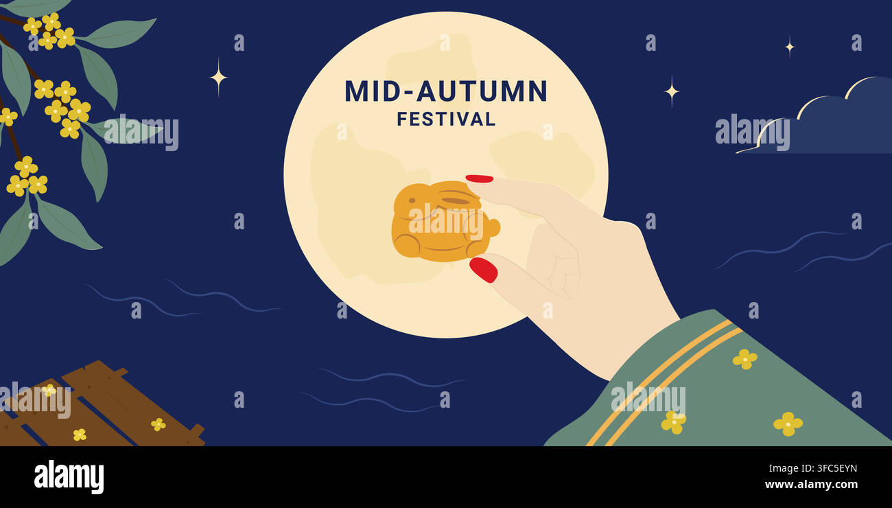 Main féminine tenant un biscuit en forme de lapin devant la pleine lune. Bannière promotionnelle pour le Festival de la Mi-Automne. Scène vectorielle festive avec étoiles, nuages, vagues et branches d'osmanthus pour impressions ou supports promotionnels Illustration de Vecteur