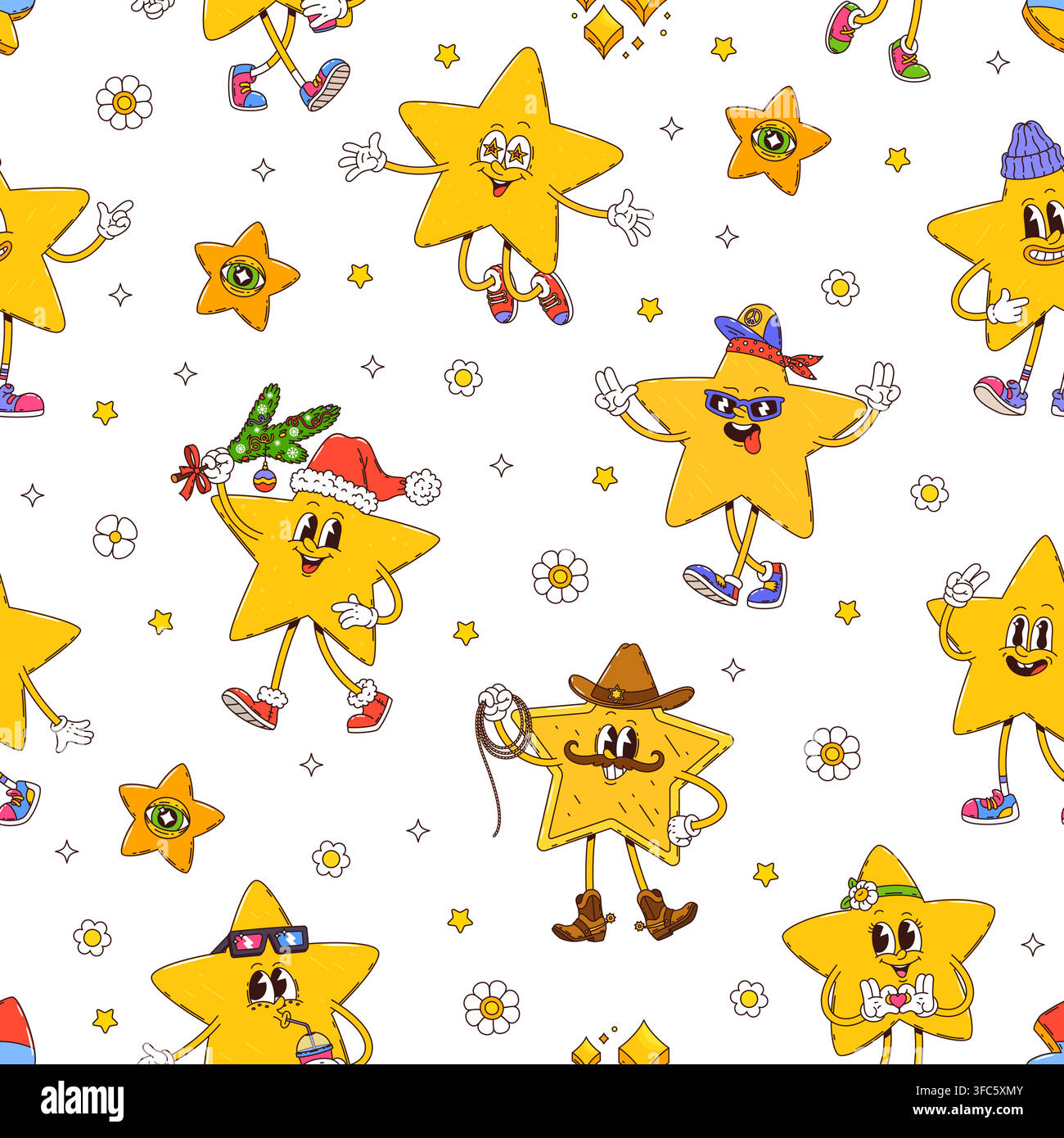 Personnages mascottes en forme d'étoile groovy de style cartoon motif sans couture. Étoiles dorées amusantes avec des visages en chapeau de Père Noël, tenues de cowboy, hippie, Noël et disco. Motif funky pour vêtements pour enfants ou papier d'emballage Illustration de Vecteur