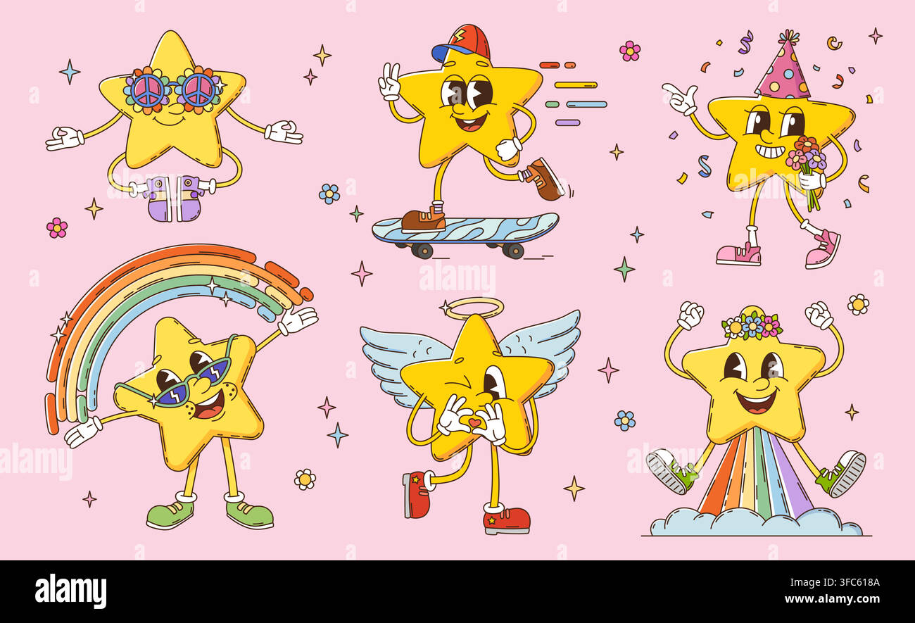 Personnages de stars groovy en cartoon avec des visages mignons et heureux, des poses ludiques, un arc-en-ciel, des ailes d'ange, des éléments de fête et une planche à roulettes. Vecteur rétro Y2K fantaisie hippie avec des étoiles, des fleurs, des signes de paix Illustration de Vecteur
