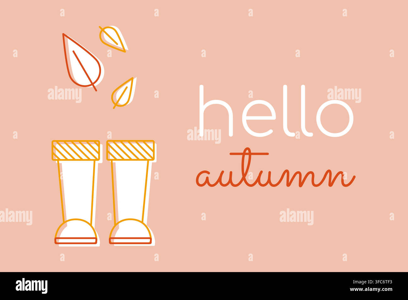 Bonjour l'automne. Les feuilles tombent sur des bottes en caoutchouc. Félicitations pour le début de l'automne. Chaussures imperméables dans la forêt. Image de contour. Illustration vectorielle Illustration de Vecteur