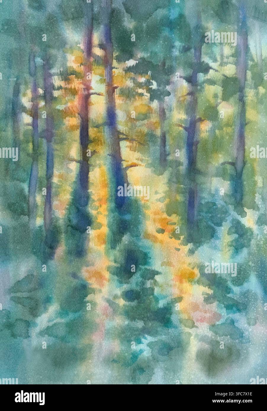 Rays de soleil dans une forêt d'automne fond aquarelle abstrait Banque D'Images