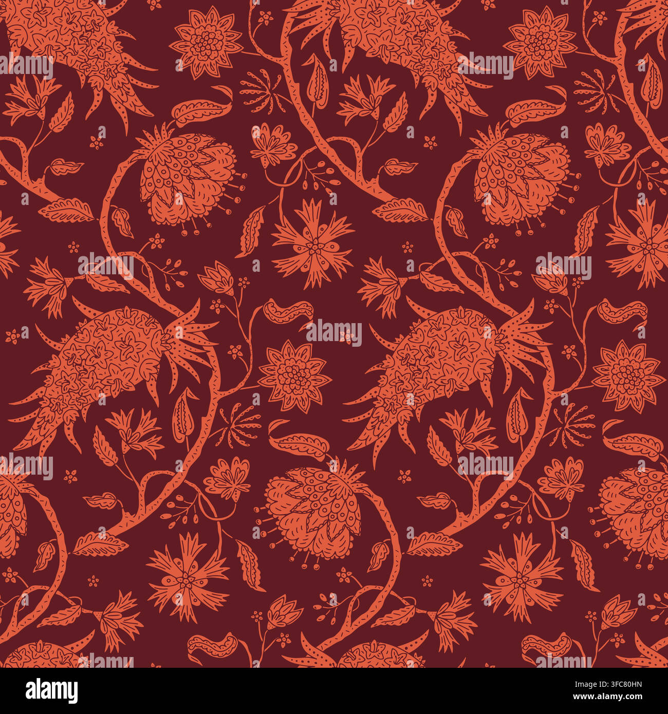 Motif jacobéen floral monochrome dessiné à la main, motif sans couture avec motifs damassés botaniques populaires. Fleurs orange boho Paisley et vignes rampantes sur Illustration de Vecteur