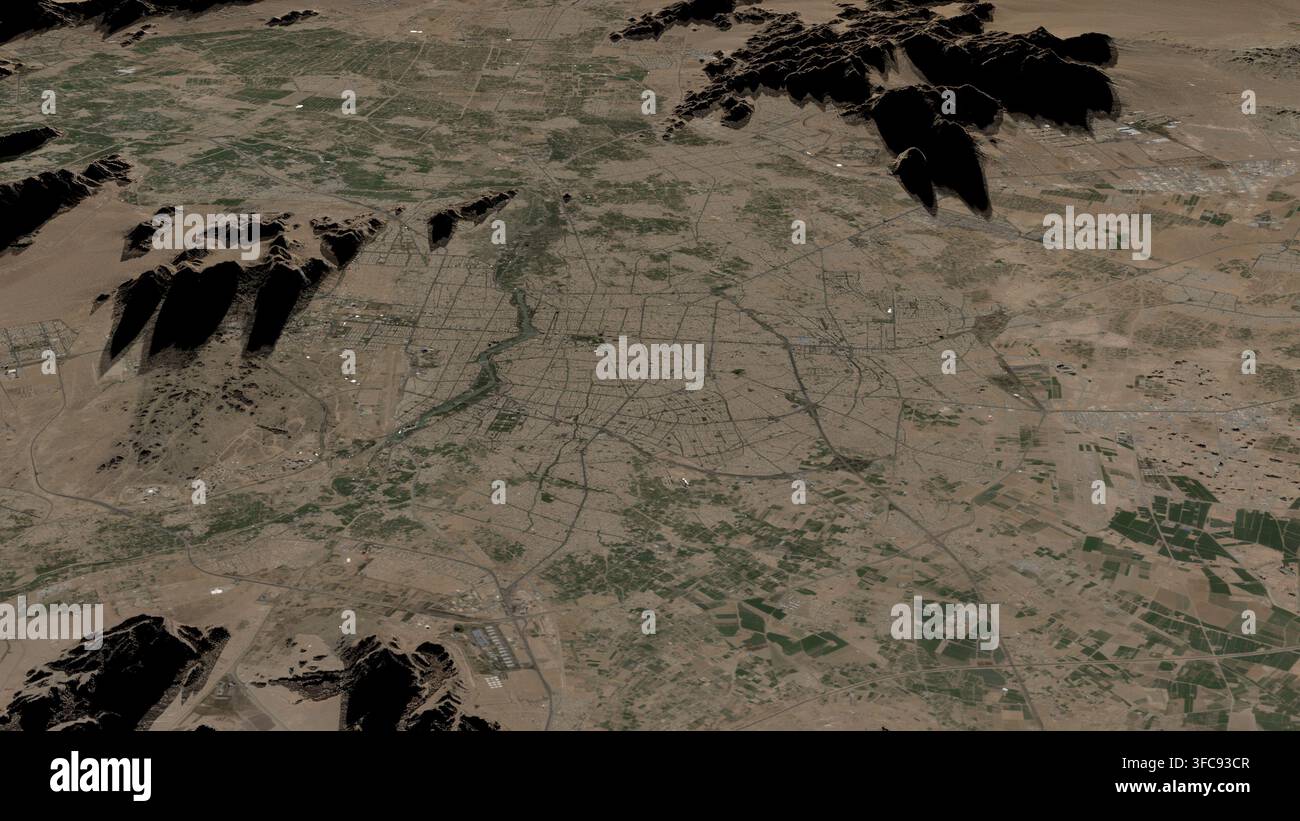 Illustration aérienne oblique en 3D d'Ispahan, Iran (République islamique d'), montrant la ville et le paysage environnant à la lumière du petit matin. Banque D'Images
