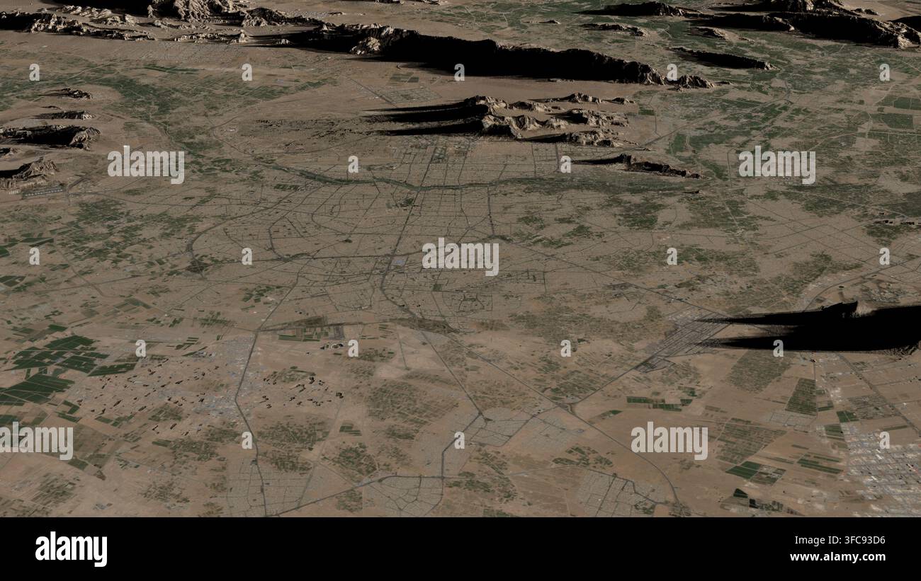 Illustration aérienne oblique en 3D d'Ispahan, Iran (République islamique d'), montrant la ville et le paysage environnant à la lumière du petit matin. Banque D'Images