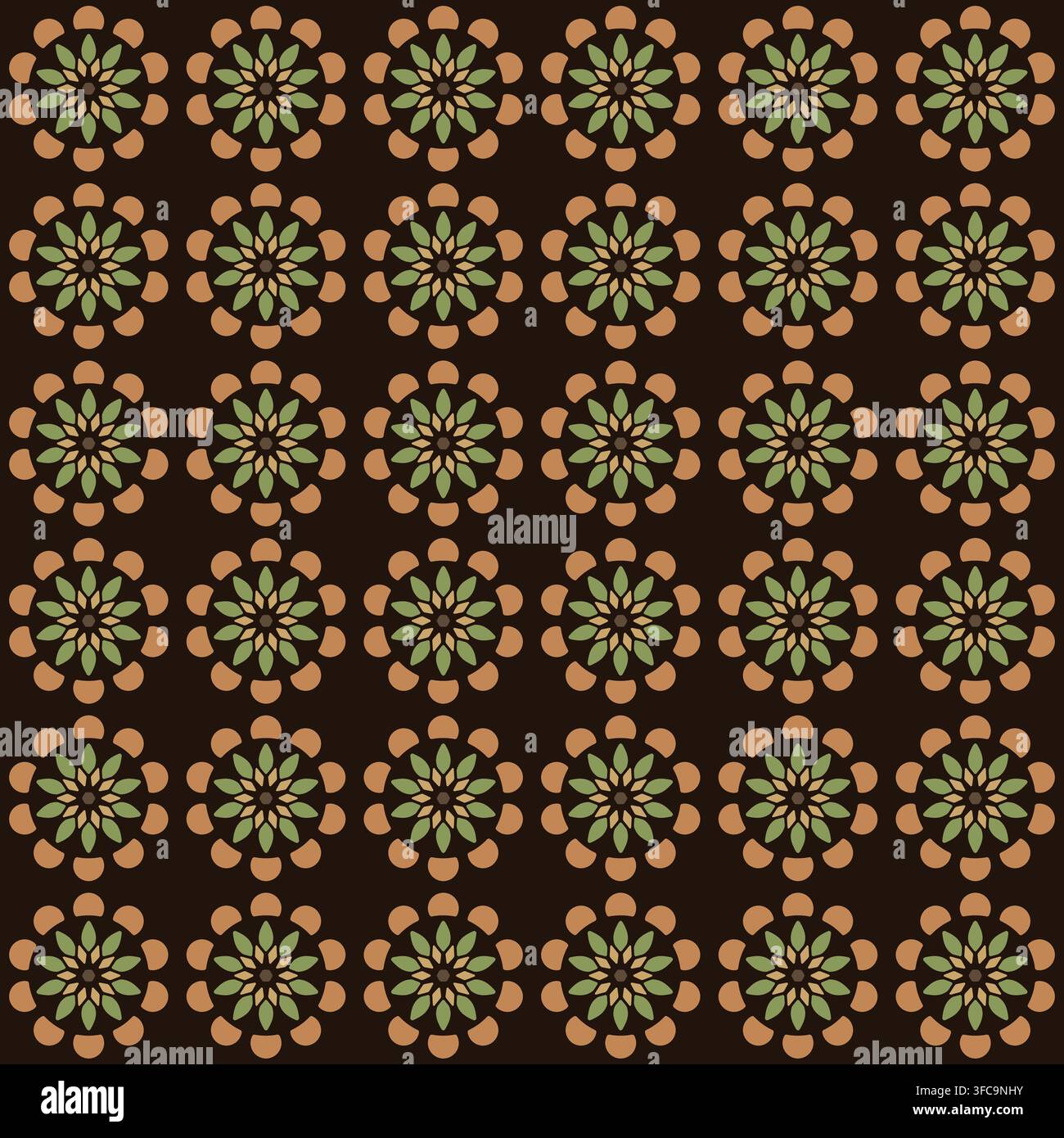 Motif répétitif sans couture de fleurs à pétales pointus entourées d'un halo festonné, en vert et orange sur un fond marron foncé, adapté au style rétro Banque D'Images