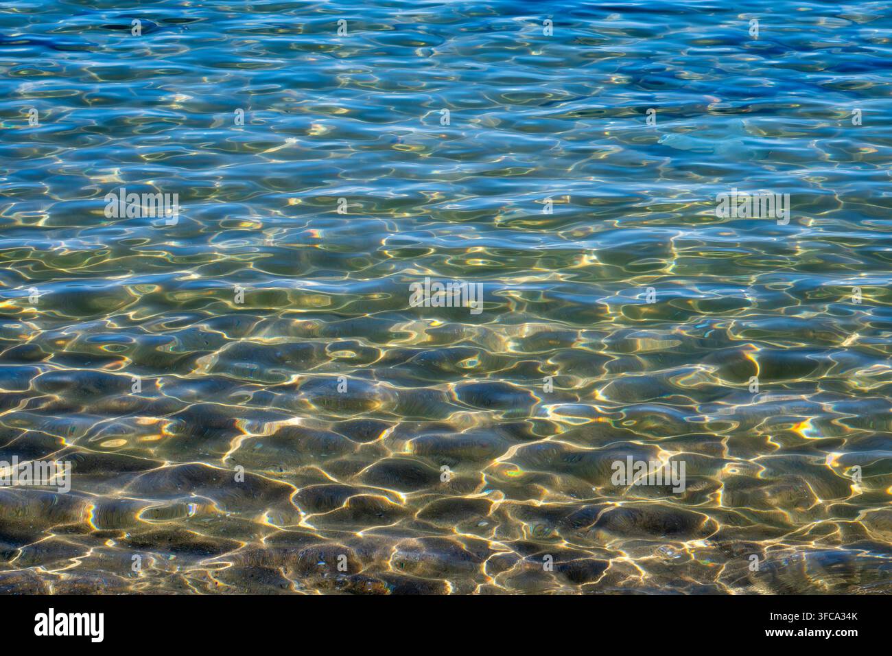 La lumière du soleil scintille sur une eau bleue cristalline, projetant des caustiques dorées chatoyantes et des ondulations sur un fond sablonneux peu profond. Banque D'Images