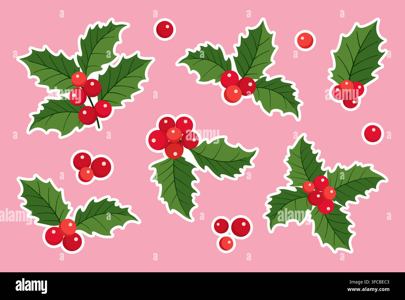 Pack d'autocollants vectoriels de baies de houx de Noël dessinés à la main. Comprend une collection de feuilles d'hiver vertes en style cartoon et de baies rouges avec trait blanc. Parfait pour les planificateurs de vacances, les calendriers et le scrapbooking. Illustration de Vecteur