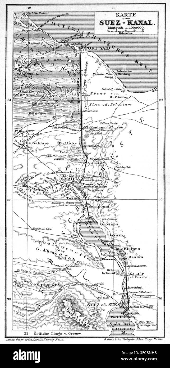 Afrique, Égypte, carte du canal de Suez, motif de : Histoire des affaires orientales à l'époque de la paix de Paris et de la paix de Berlin, par Felix Bamberg, G. Grote`sche Verlagsbuchhandlung, Berlin, 1892. / Afrique, Égypte, carte du canal de Suez, image de : Histoire des affaires orientales à l'époque de la paix de Paris et de la paix de Berlin (histoire des affaires orientales durant la période de la paix de Paris et de la paix de Berlin), par Felix Bamberg, maison d'édition : G. Grote`sche Verlagsbuchhandlung, Berlin, 1892. Banque D'Images