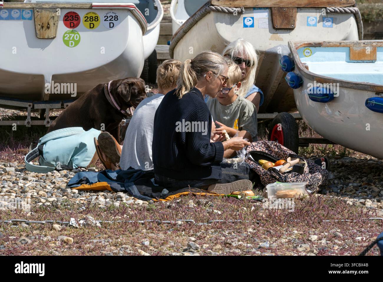Famille pique-niquant dans le parc Dinghy, Orford, Suffolk, Angleterre Banque D'Images