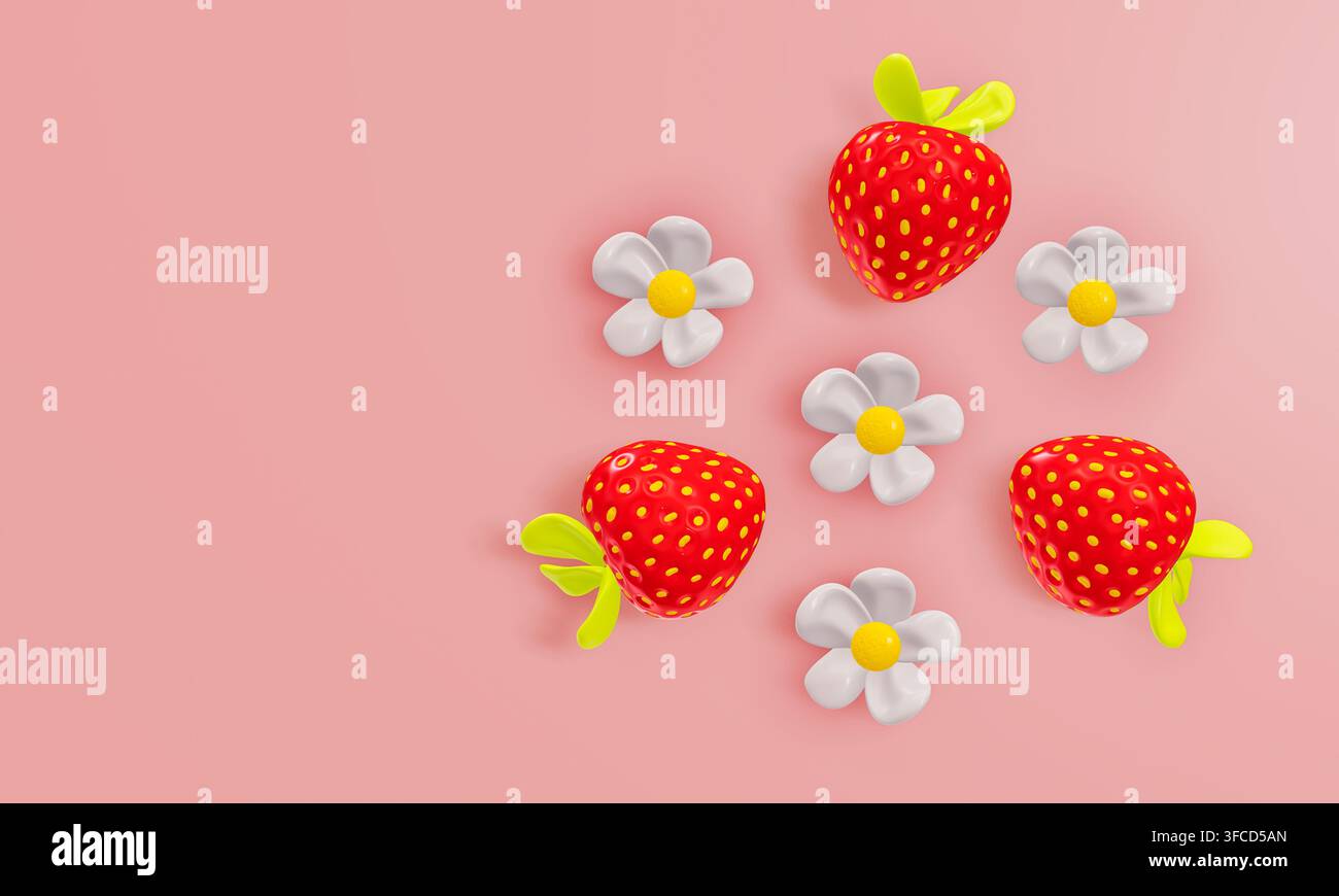 Trois fraises mignonnes avec des fleurs blanches sur fond rose, rendu 3D. Banque D'Images