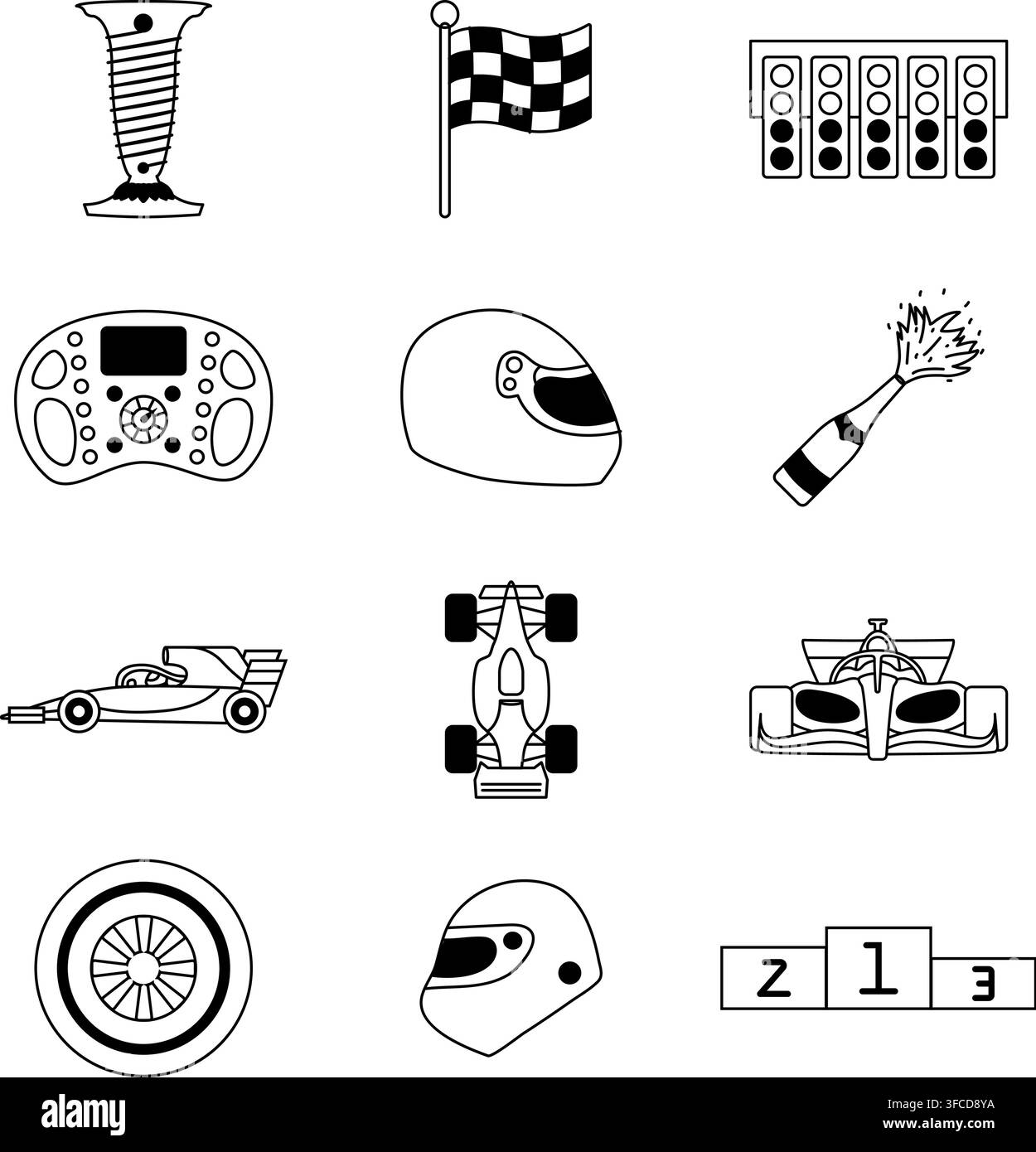 Un ensemble d'icônes de contour sur le thème des courses. Différents types de voitures, casques et éléments de piste. Illustration vectorielle Illustration de Vecteur