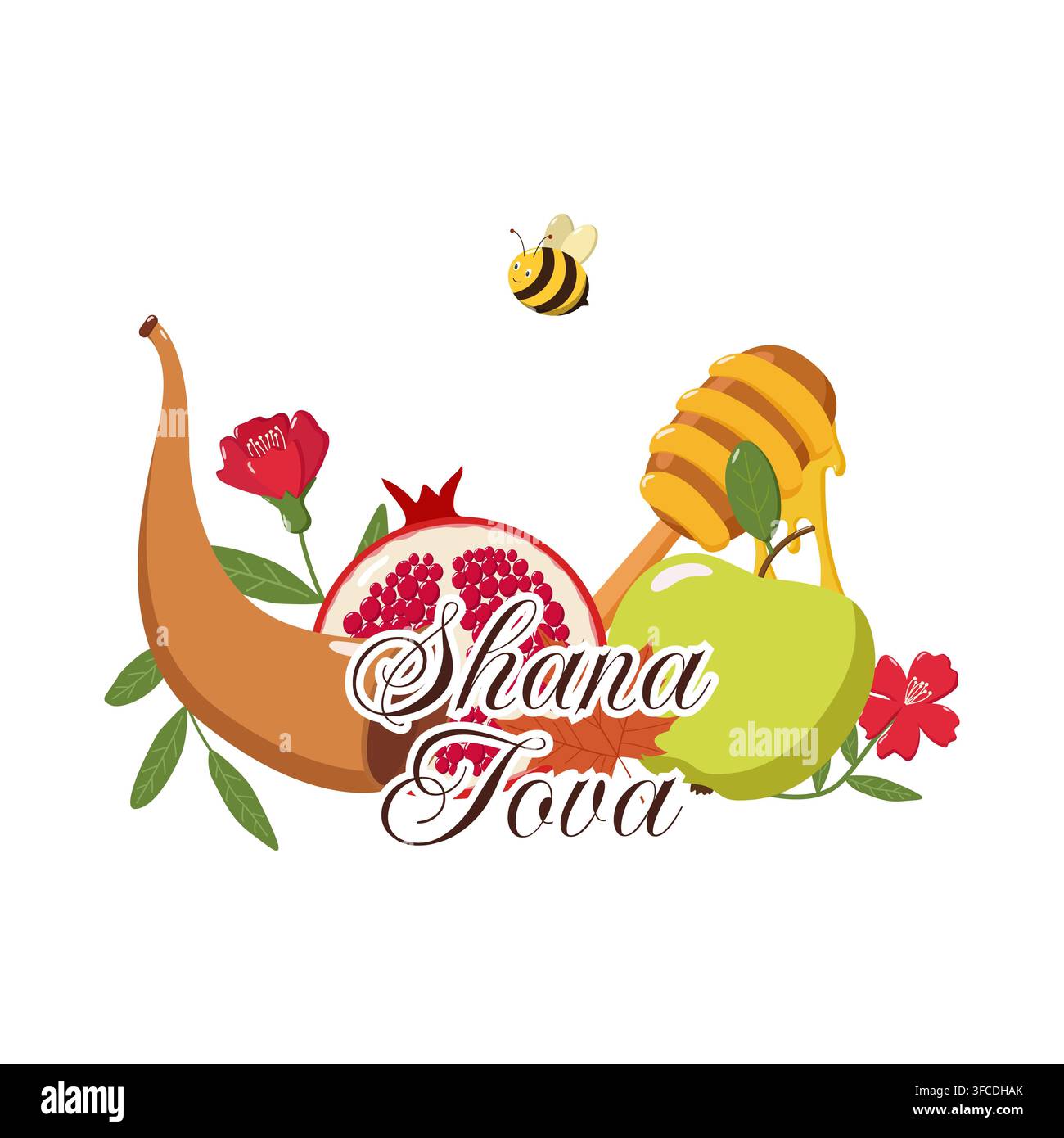 Illustration festiv de Rosh Hashanah avec shofar, grenade, cuillère à miel sur pomme, fleurs rouges, feuilles vertes et une abeille, centrée autour de Shana Tova t Banque D'Images