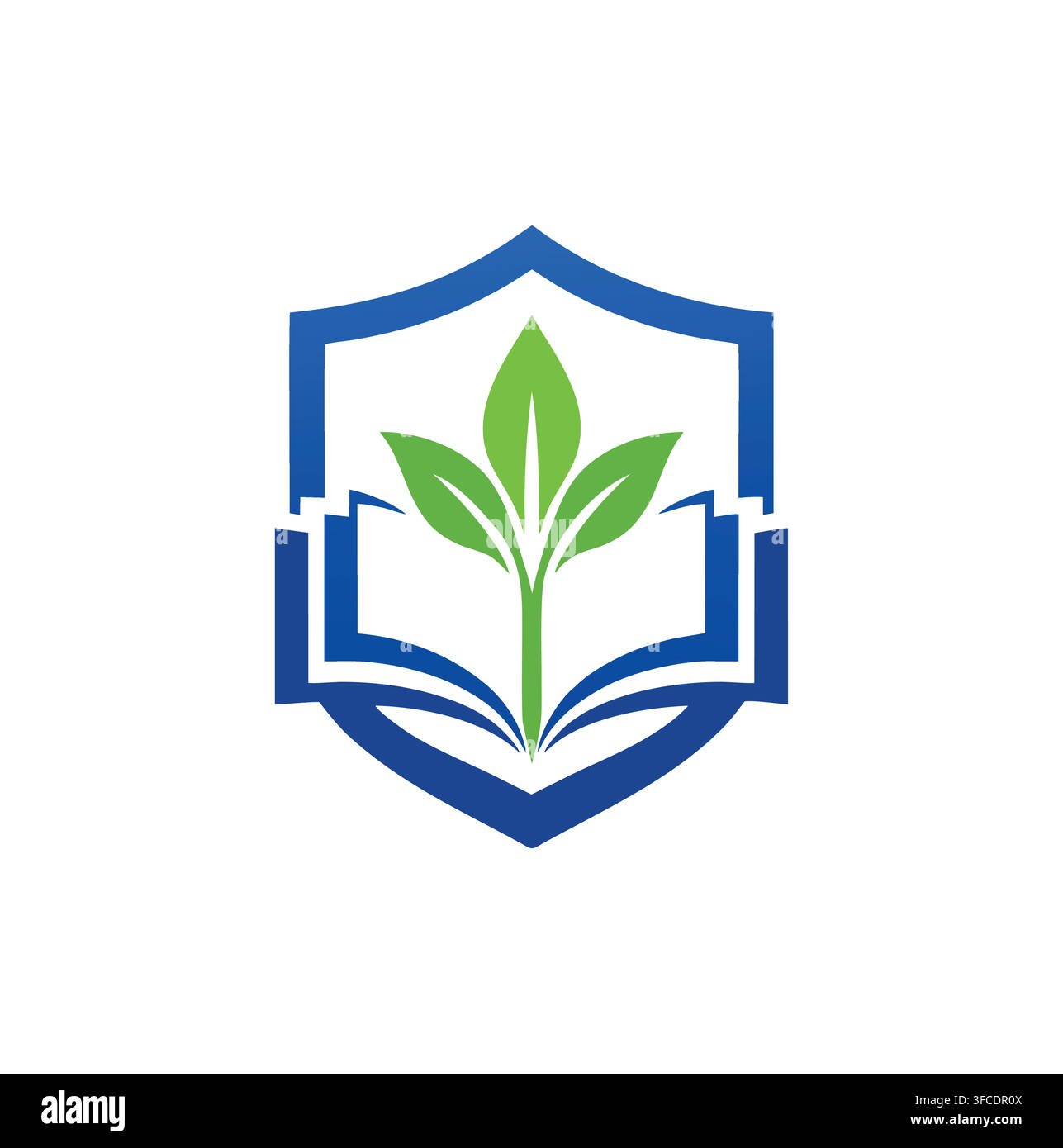 Bouclier d'éducation moderne Livre ouvert Germe de feuille verte Logo académique Illustration de Vecteur