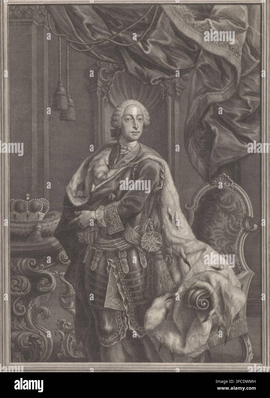 Portrait de Maximilien III Joseph de Bavière, gravure, graveur : Jeremias Gottlob Rugendas, d'après une peinture de Franz Joseph Winter, commandé par : AA.LL. Societas, Vienne, Augsbourg, 1720 - 1772, Bavière, Basse-Autriche, papier, gravure, hauteur 617 mm x largeur 395 mm, Personnage, Maximilien III Joseph (Électeur de Bavière), personnages historiques, armoiries, héraldique, souverain, monarque, ordre de la Toison d'or., Un portrait gravé monochrome d'une figure vêtue debout devant une chaise à haut dossier ornée sous de lourdes draperies ; la personne porte une coiffure bouclée et une superposition Banque D'Images