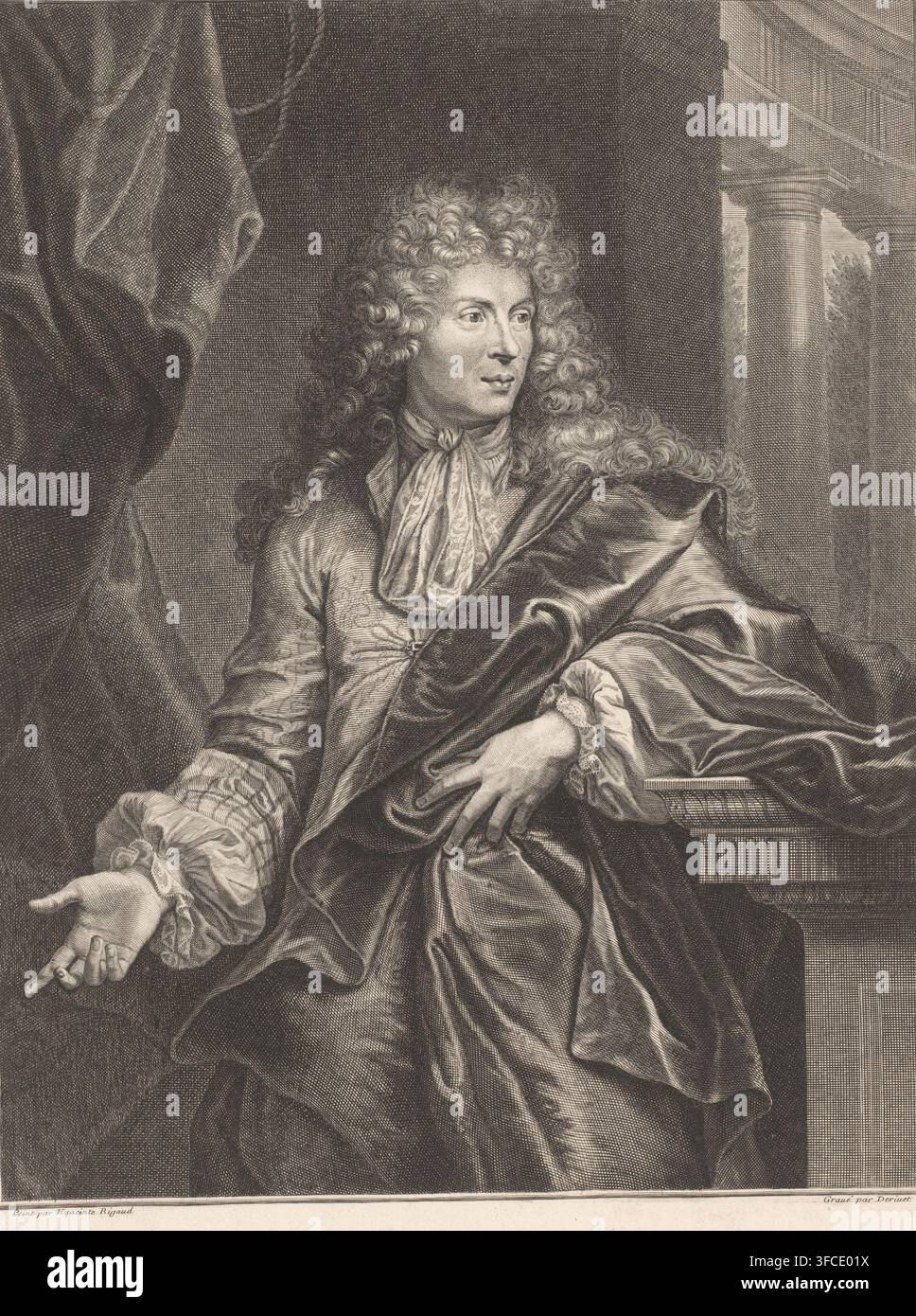 Portrait de Pierre-Vincent Bertin, gravure, graveur : Pierre Drevet, France, d'après une peinture de Hyacinthe Rigaud, éditeur : Audran, Paris, 1673 - 1738, papier, gravure, hauteur 348 mm x largeur 256 mm, Personnage, Pierre Vincent Bertin, personnages historiques, collectionneur d'art. Un homme assis aux longs cheveux bouclés et à l'expression neutre fait légèrement face à droite, portant un foulard froissé et des vêtements ornés avec une draperie volumineuse sur une épaule ; une main repose sur sa hanche tandis que l'autre est étendue vers l'extérieur avec les doigts détendus, et un élément architectural colonné apparaît en arrière-plan à côté Banque D'Images