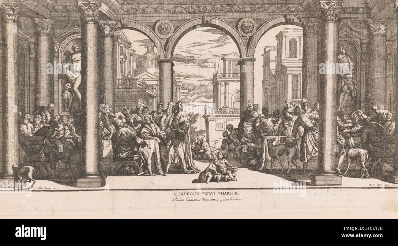 Christ debattant avec les Pharisiens sur la taxe à l'empereur, estampe, graveur : Nicolas Cochin, d'après un dessin de Paolo Veronese, 1620 - 1686, papier, eau-forte, gravure, hauteur 332 mm x largeur 640 mm, Christ (dans le temple) en débat avec les Pharisiens sur le tribut à César (Matthieu 22:15-22, Marc 12:13-17, Luc 20:20-26). Une large gravure monochromatique montre un grand intérieur classique avec de hautes colonnes cannelées et des chapiteaux ornés encadrant trois grandes arches qui s'ouvrent sur une vue extérieure de bâtiments et d'un ciel nuageux. À l'intérieur, des groupes de personnages vêtus sont assis et debout en conversation. Banque D'Images