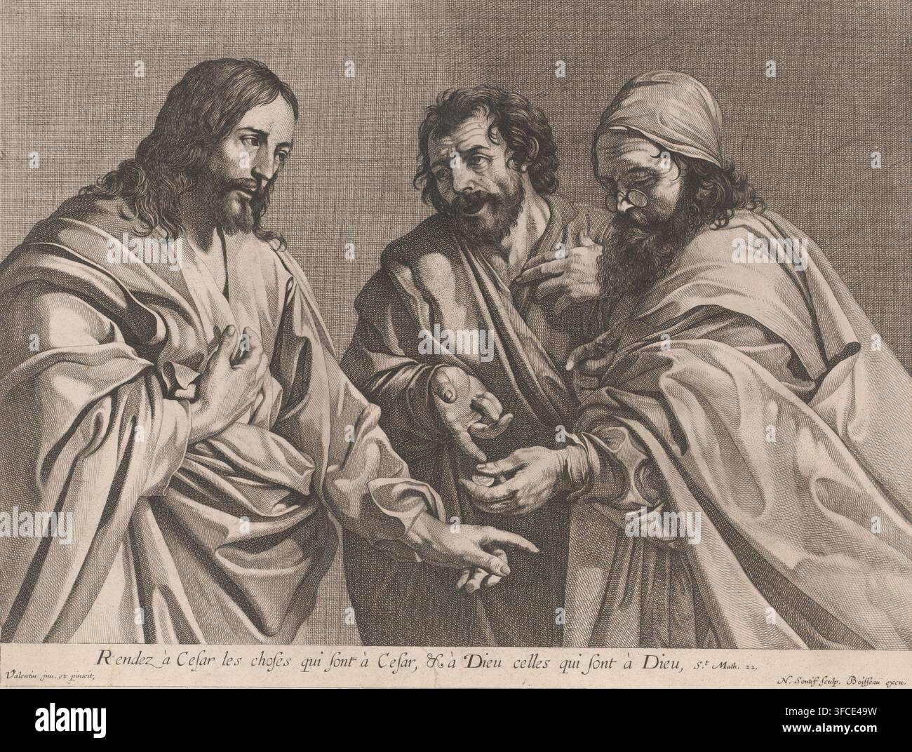 Christ debattant avec les Pharisiens sur la taxe à l'empereur, estampe, graveur : Nicolas Soutif, d'après une peinture de Valentin de Boulogne, éditeur : Boisseau, après 1620 - c. 1720, papier, eau-forte, gravure, hauteur 270 mm x largeur 350 mm, l'argent du tribut (Matthieu 17:24-27), Christ (dans le temple) en débat avec les Pharisiens sur le tribut à César (Matthieu 22:15-22, Marc 12:13-17, Luc 20:20-26). Trois hommes barbus en robes drapées sont représentés de la taille vers le haut contre un fond texturé, la figure à gauche tournée vers l'intérieur avec de longs cheveux et une expression contemplative et une main près Banque D'Images