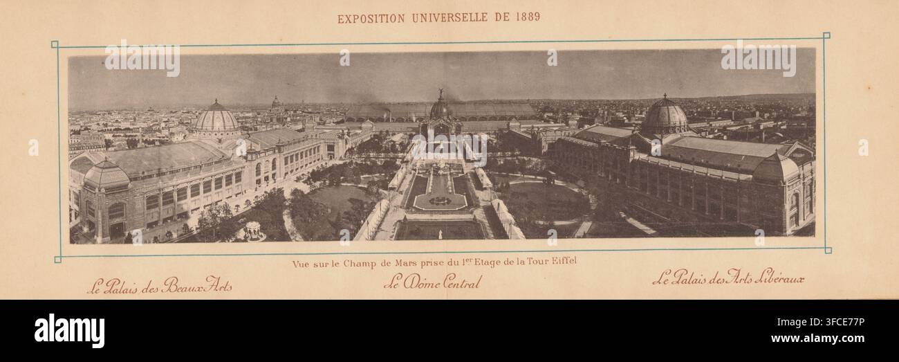 Vue du Champ-de-Mars à Paris avec le Palais des Beaux-Arts, le Palais des Arts Libéraux et la salle centrale pour l'Exposition Universelle de 1889, Vue sur le Champ de Mars prix du 1er Etage de la Tour Eiffel Le Palais de Beaux Arts Le Dôme Central Le Palais des Arts Libéraux, Exposition Universelle de 1889, page, impression photomécanique, Photo couvre deux pages., fabricant : Neurdein Frères, Paris, 1889, papier, collotype, impression légère, hauteur 67 mm x largeur 265 mm, vue de ville et paysage avec constructions artificielles, foire mondiale, exposition mondiale, Exposition Universelle de 1889 (Paris), Champ-de-Mars., A Banque D'Images
