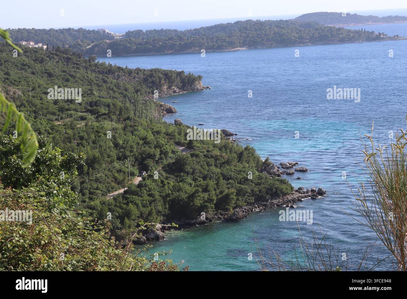 Vue aérienne pittoresque de la côte rocheuse de la mer Adriatique avec des eaux émeraude et une végétation dense près de Cavtat Banque D'Images